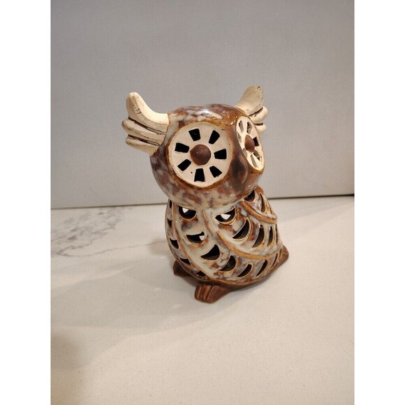 Owl Ceramic Gray & Brown Glazed Incense Tea Light Candle Holder 5 1/2" - Picture 7 of 10